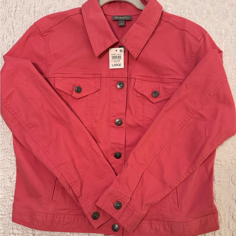 Style & Co Women's Coral Pink Denim Jacket Sz L NWT